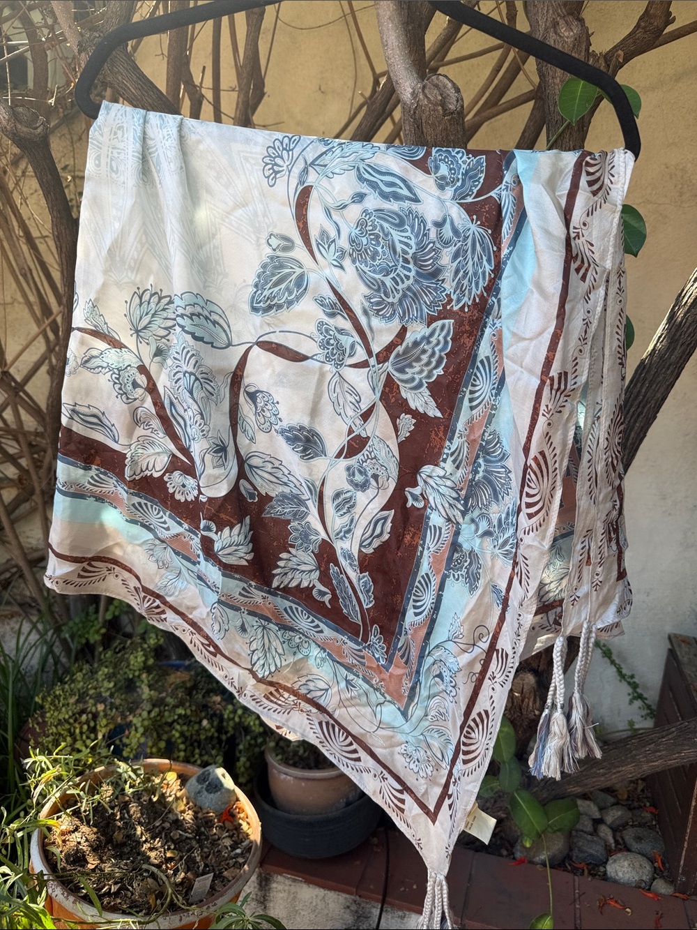 Johnny Was Floral Silk Scarf in Light Blue and Brown